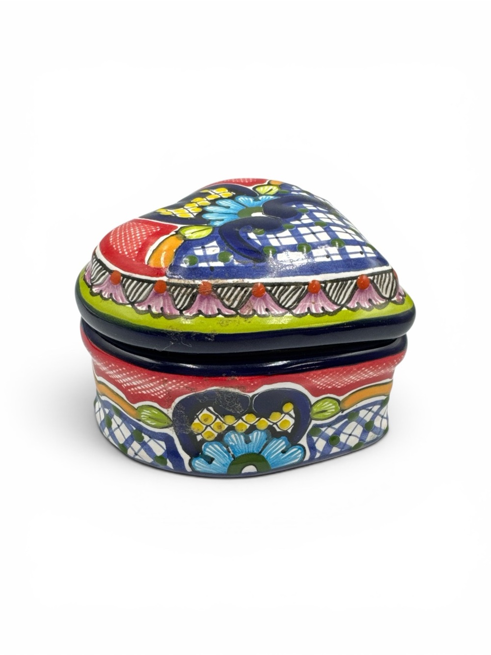 Vintage Arte Talavera Puebla Mexico Heart Trinket Box Hand Painted Lead Free - Picture 3 of 6
